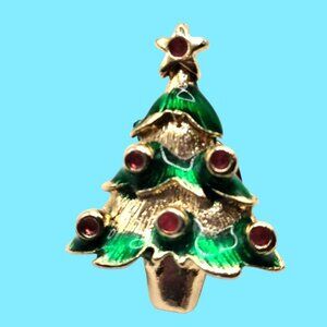 Christmas Tree Lapel Pin Brooch Red Green Gold Vintage Enamel Holiday Pinback